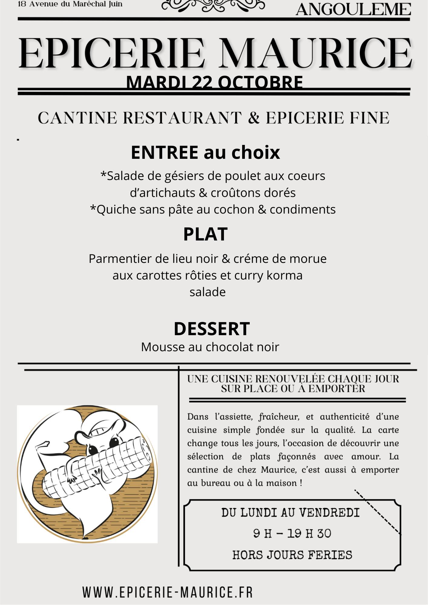 Menu de l'Epicerie Maurice